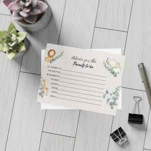Cartes-conseils Safari baby shower pour futurs parents, thème de la jungle, format PDF 4 x 6, jeu souvenir non sexiste, téléchargement numérique, idée cadeau pour un nouveau parent
