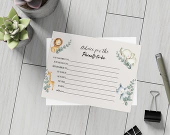 May include: A printable baby shower advice card with a light gray background and a white border. The card features a jungle animal theme with illustrations of a giraffe, lion, elephant, and rhino. The text on the card reads "Advice for the Parents-to-be".