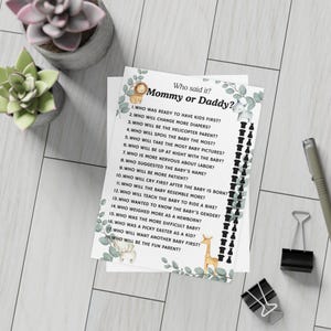 Groene safari babyshowerspel – mama of papa – genderneutrale activiteit, kaarten van 5 x 7, geslacht onthullen, nieuw spel voor ouders – pakket 30/10/50 - GRATIS VERZENDING
