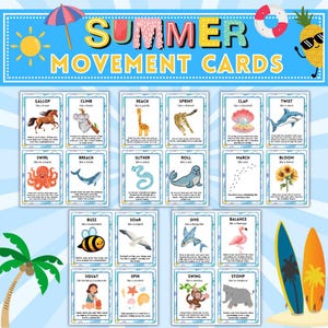 May include: Colorful "Summer Movement Cards" with illustrations of animals and actions like "Gallop," "Climb," and "Reach." The cards are arranged on a light blue background with a sun, umbrella, and pineapple graphic. Two surfboards are on the right.