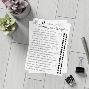 ¿Quién lo dijo? Tarjetas de juego "Mamá o Papá" • Actividad para baby shower • Paquete impreso 10/30/50 • Divertido juego para revelar el género o para baby shower mixto