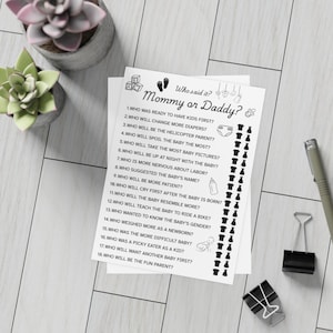 Wie kent mama of papa het beste babyshowerspel – spel geslacht onthullen – minimalistische afdrukbare babyshower – Instant download pdf