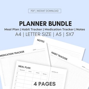 May include: A planner bundle with a light blue background. The bundle includes a meal plan, habit tracker, medication tracker, and notes pages. The text on the image says "PDF | INSTANT DOWNLOAD" and "PLANNER BUNDLE". The planner is available in A4, Letter Size, A5, and 5x7 formats.