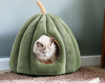 Pumpkin Cat Pet Bed - Pet Caves and Cat Mat - Cat Nest - Pet Beds Sleeping Bag - Cat Bed - Cat House - Cosy Cave - Grey Green