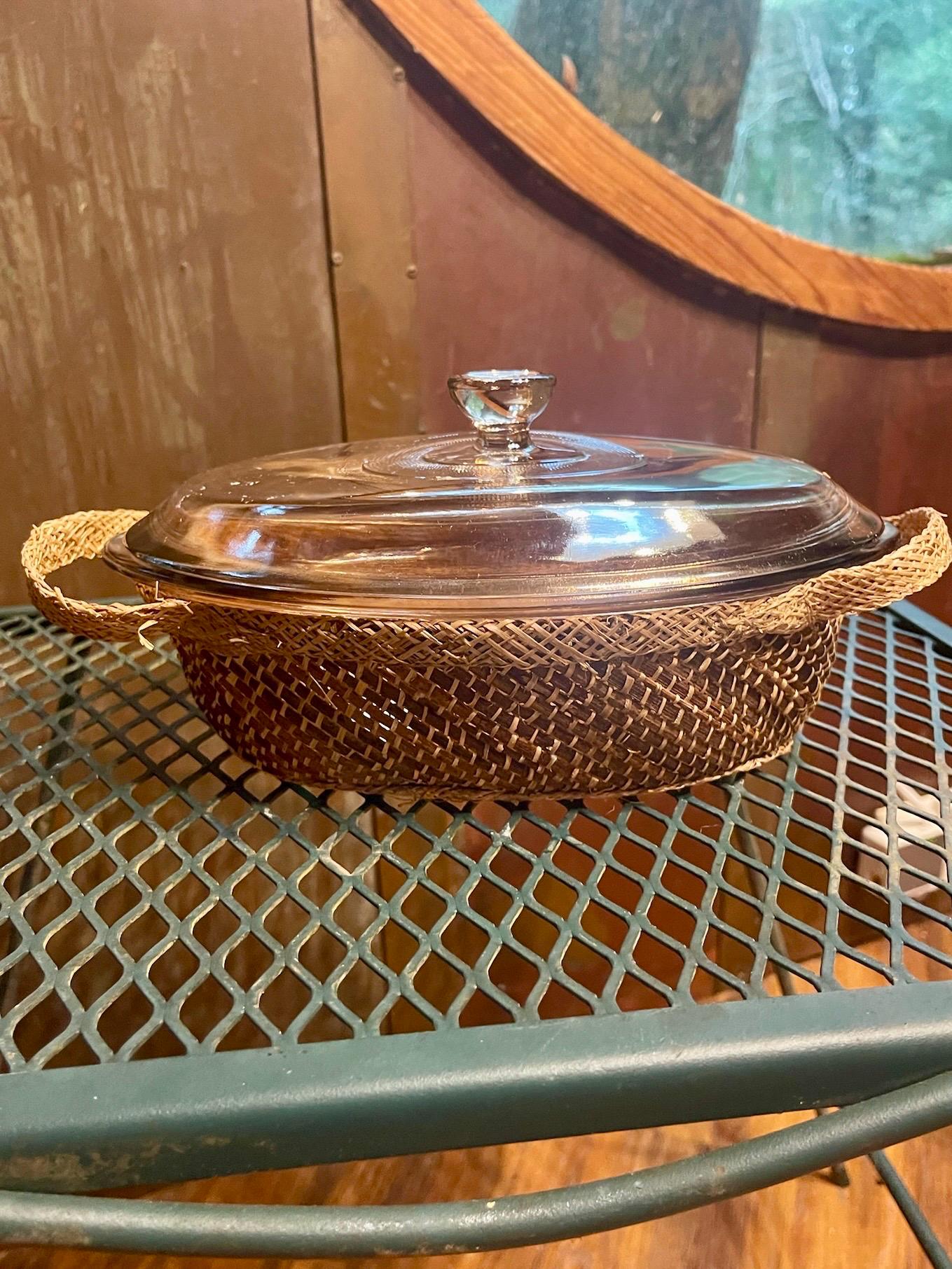 Vintage Pyrex Pyrex Casserole Dish With Lid And Carrier Vintage PYREX 024  Fireside Qt Glass Round Casserole Dish Woven