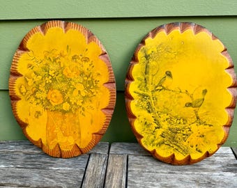 Vintage Pair WOOD WALL PLAQUES Cottagecore Country Floral Birds Unicorn