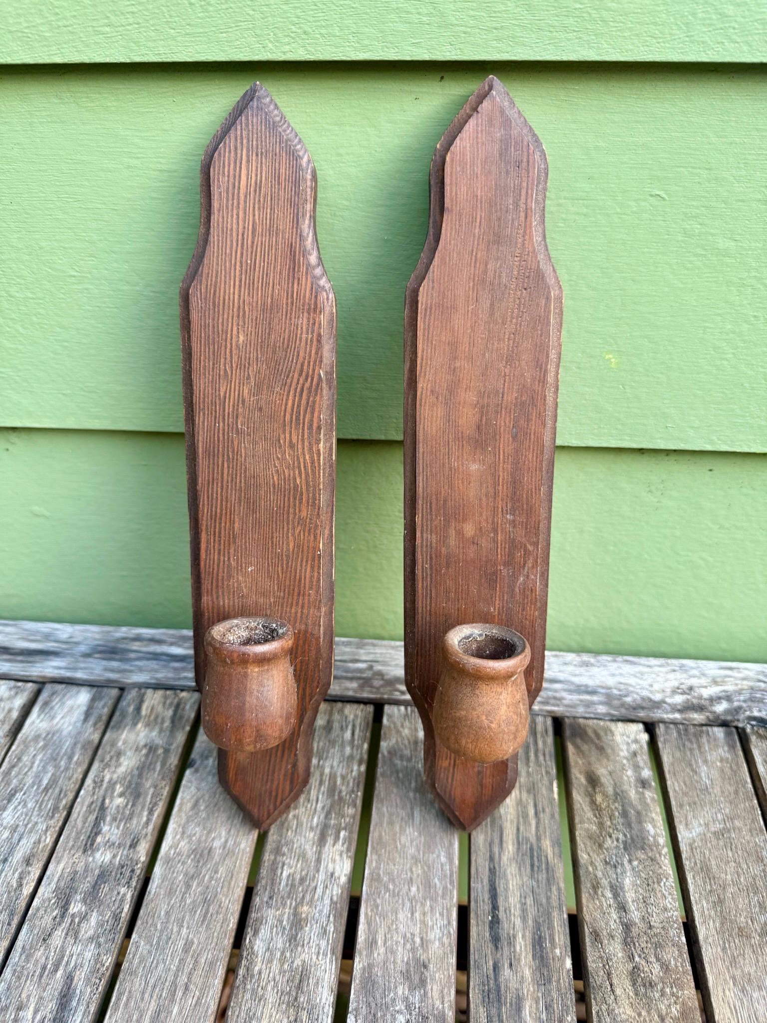 Vintage Pair WOOD WALL SCONCES Candle Holders Votive Made in Taiwan Cottagecore Rustic