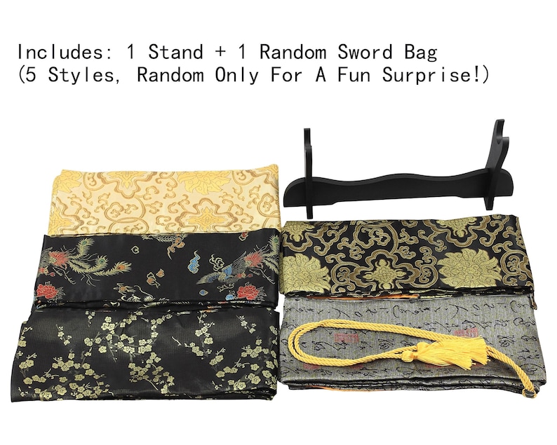May include: A black wooden sword stand and four rectangular fabric sword bags with various patterns including gold floral, black with colorful bird motifs, black with gold cherry blossoms, and grey with black calligraphy and a yellow tassel.