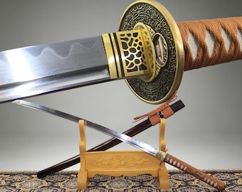 Hand Forged Katana Sword Damascus Steel Clay Tempered Hand Grinding Full Tang All-Copper Accessories