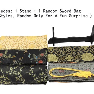 May include: A black sword stand and four rectangular fabric sword bags with various patterns including gold floral, black with red and blue bird motifs, black with gold cherry blossoms, and grey with black calligraphy and a yellow tassel.