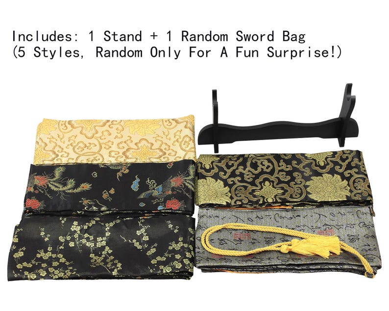 May include: A black sword stand and four rectangular fabric sword bags with various patterns including gold floral, black with red and blue bird motifs, black with gold cherry blossoms, and grey with black calligraphy and a yellow tassel.
