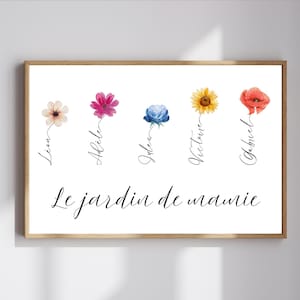 poster personalizzato del giardino della nonna con fiori e nomi dei nipoti