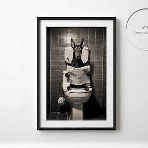 Doberman Reading Newspaper on the Toilet, Doberman Pinscher Art, Funny Bathroom Wall Decor, Doberman Pinscher in Toilet