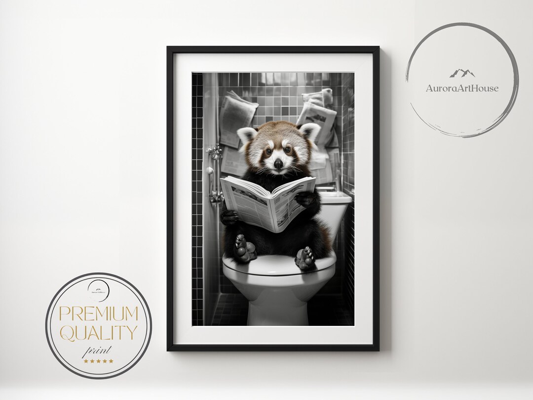 Funny Red Panda Bathroom Print, Reading Newspaper on Toilet (digital ...