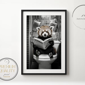 Red Panda Reading Newspaper on the Toilet, Red Panda Art, Funny Bathroom Wall Decor, Red Panda in Toilet, Animal in toilet