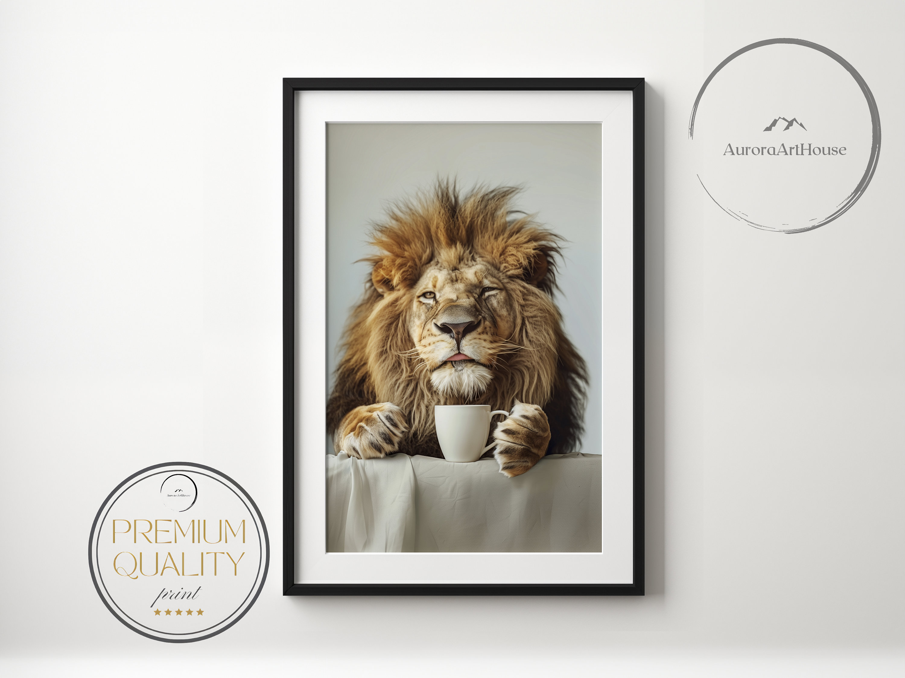 Funny Lion Coffee Print – Kitchen Animal Wall Art (digital
