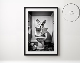 Könnte beinhalten: Ein Schwarzweißfoto eines Corgis, der auf einer Toilette sitzt und eine Zeitung liest.
