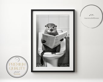 Lontra lendo jornal no banheiro, arte em lontra, decoração engraçada de parede de banheiro, lontra em banheiro, animal em banheiro