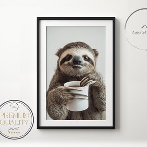 Könnte beinhalten: Ein lächelnder Faultier, das eine weiße Tasse mit einer braunen Flüssigkeit und einem Löffel hält. Das Faultier ist braun und hat ein weißes Gesicht mit schwarzen Augen.