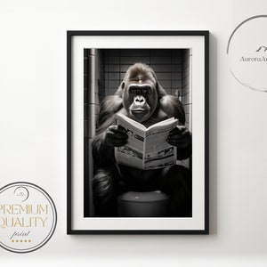 Gorilla Reading Newspaper on the Toilet, Gorilla Art, Funny Bathroom Wall Decor, Gorilla in Toilet, Animal in toilet