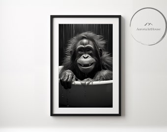 Happy Cute Orangutan in a bathtub - Bathroom Wall art poster - Bathroom art - Funny