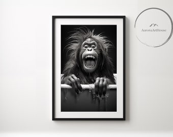 Laughing Orangutan in a bathtub - Bathroom Wall art poster - Bathroom art - Funny