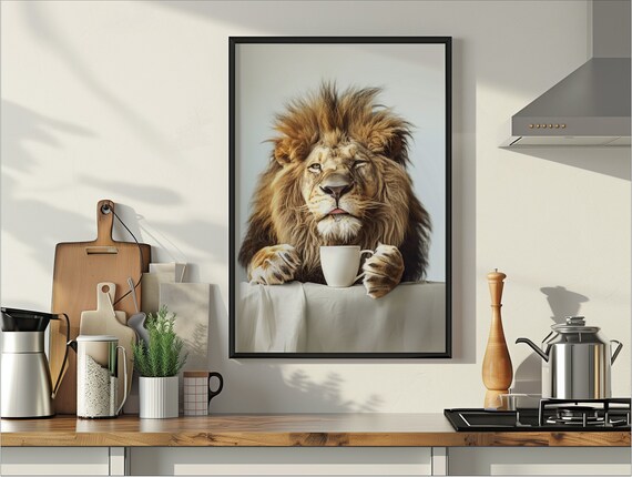Funny Lion Coffee Print – Kitchen Animal Wall Art (digital