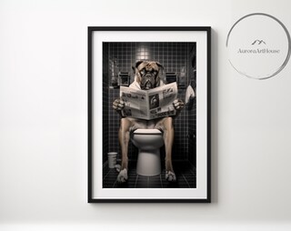 Dszemie Poster Tela Senza Cornice Per Bagno 30x20 Cm - Cane Vintage Seduto Sul Water Con Telefono, Stampa Umoristica