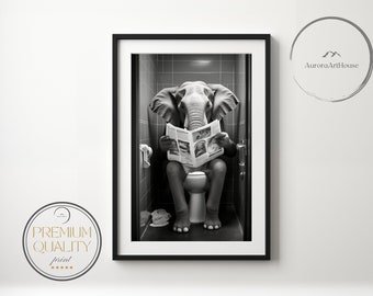 Grande elefante lendo jornal no banheiro, arte de elefante, decoração engraçada de parede de banheiro, elefante no banheiro, animal no banheiro