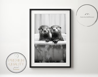 Otters in Bathtub Print – Playful Bathroom Wall Art (Digital Download)