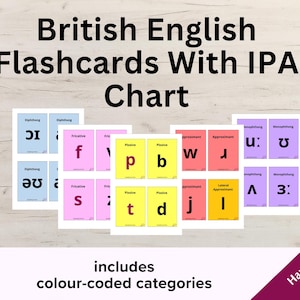 May include: A set of flashcards featuring the International Phonetic Alphabet (IPA) symbols for British English pronunciation. The cards are colour-coded by sound category, including diphthongs, fricatives, plosives, approximants, and lateral approximants. The text "British English Flashcards With IPA Chart" is at the top of the image.
