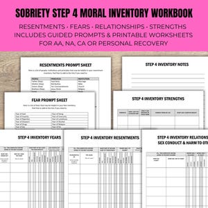 Addiction Recovery Step 4 Inventory Sheets | AA NA CA | Resentments, Fears, Relationships, Strengths + Prompts Worksheet Printable