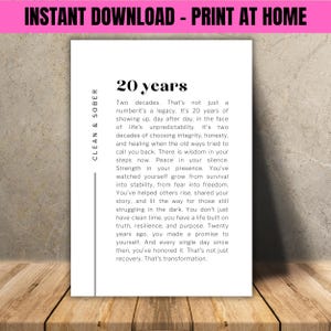 Tarjeta digital de 20 años de sobriedad: regalo imprimible con frase inspiradora para celebrar el 20 aniversario de sobriedad.