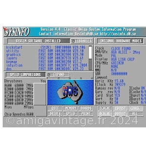 May include: A screenshot of the SYSINFO program, version 4.4, showing system information. The interface has a blue and teal colour scheme, displaying system software, hardware modes, and speed comparisons. The program's logo is visible.