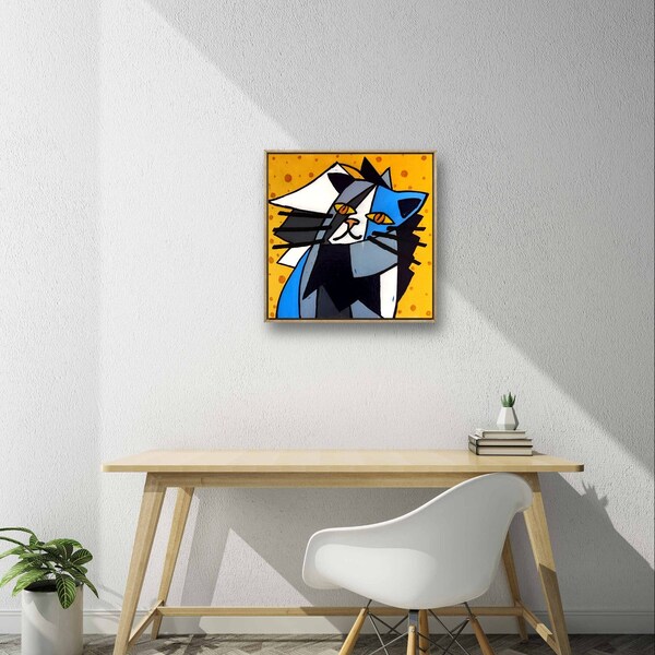 Cat painting,downloadable file,instant download,cubism modern wall decoration,kitten digital printable file,blue cat,gold accents,cat art