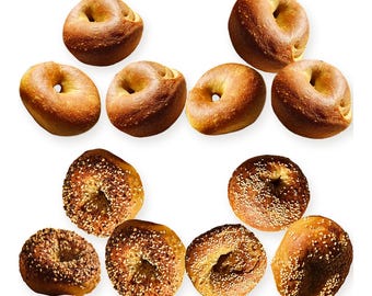 May include: A collection of twelve golden-brown bagels arranged in two rows. The top row features six plain bagels with smooth, baked crusts, while the bottom row consists of six bagels topped with various seeds and grains.