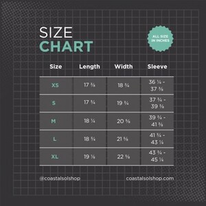 May include: Size chart for a garment with measurements in inches for XS, S, M, L, and XL sizes. The chart shows length, width, and sleeve measurements for each size.