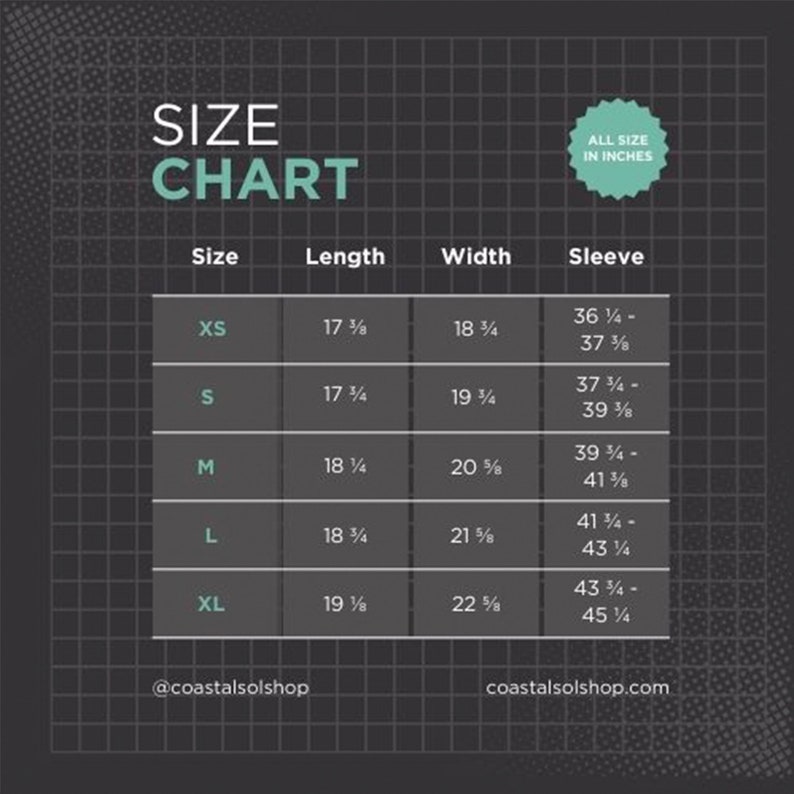 May include: Size chart for a garment with measurements in inches for XS, S, M, L, and XL sizes. The chart shows length, width, and sleeve measurements for each size.