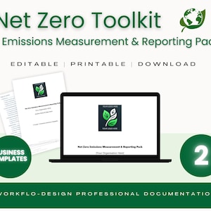 Puede incluir: Una pantalla de computadora portátil muestra un logotipo de hoja verde y el texto "Net Zero Emissions Measurement & Reporting Pack". El texto "Your Organisation Here" está entre corchetes debajo del título. La computadora portátil está sobre un fondo verde claro. Un círculo verde con el número "2" está en la esquina inferior derecha. El texto "Net Zero Toolkit" está en la parte superior de la imagen, con el texto "2 Emissions Measurement & Reporting Pack" debajo. El texto "EDITABLE | PRINTABLE | DOWNLOAD" está debajo de eso. El texto "BUSINESS TEMPLATES" está en un círculo verde en la esquina inferior izquierda. El texto "WORKFLO-DESIGN PROFESSIONAL DOCUMENTATION" está en la parte inferior de la imagen.