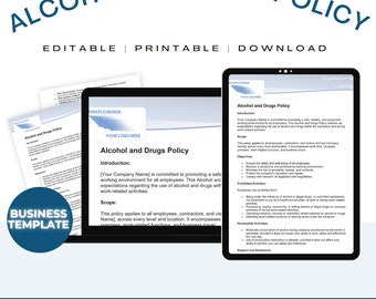 UK Alcohol and Drugs Policy Template, Business Workplace Safety (Instant Download)