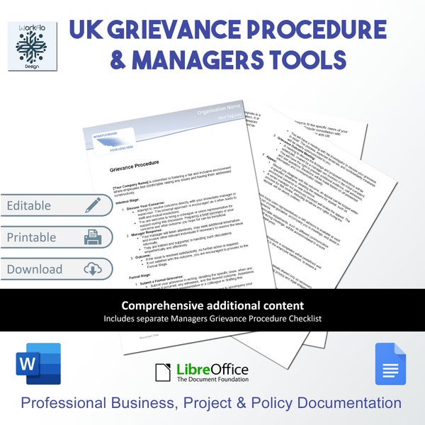 UK Beschwerden Verfahren Vorlage Dokument und Leiter Checkliste Sofort-Download-Richtlinien Dokument Bearbeitbar und Druckbar Arbeitsrecht