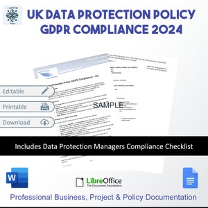 Op de afbeelding: Een blauwe en witte afbeelding met de tekst "UK Data Protection Policy GDPR Compliance 2024" in witte tekst. De afbeelding bevat ook de tekst "Editable, Printable, Download" en "Includes Data Protection Managers Compliance Checklist". De afbeelding bevat ook logo's voor Microsoft Word, LibreOffice en Google Docs.