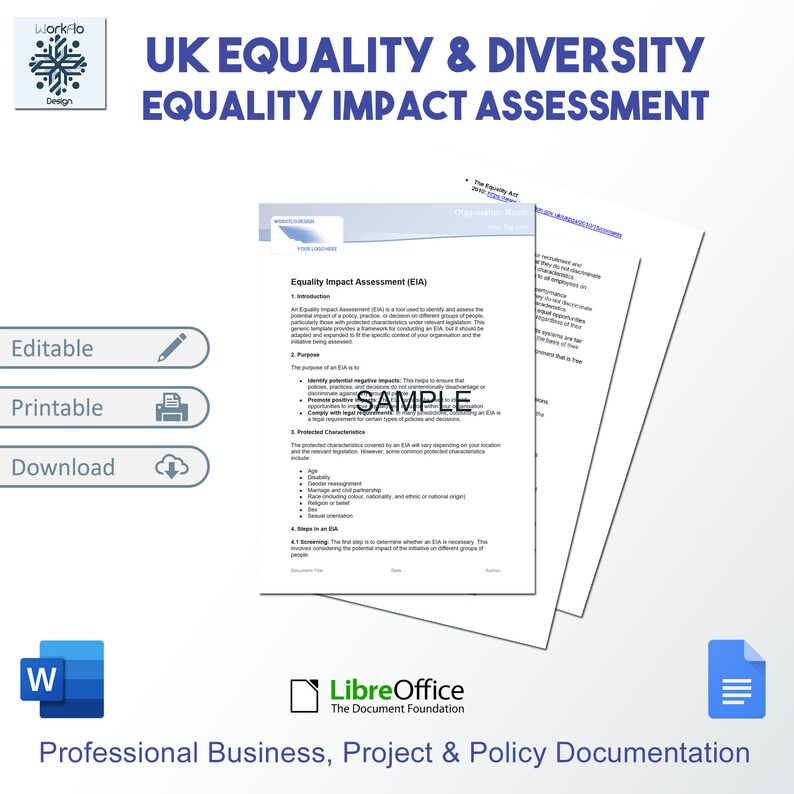May include: A document template for an Equality Impact Assessment (EIA) with the title "UK Equality & Diversity Equality Impact Assessment". The document is a sample template and includes sections for introduction, purpose, protected characteristics, and steps in an EIA.