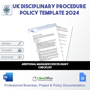 May include: A blue and white document template for a UK Disciplinary Procedure Policy. The template is editable and printable. The document is titled "UK Disciplinary Procedure Policy Template 2024".