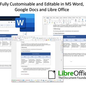 May include: A screenshot showing a risk assessment template that can be edited in Microsoft Word, Google Docs, and LibreOffice. The template is a table with four columns labeled "One", "Two", "Three", and "Four". The template is titled "Hazard Identification".