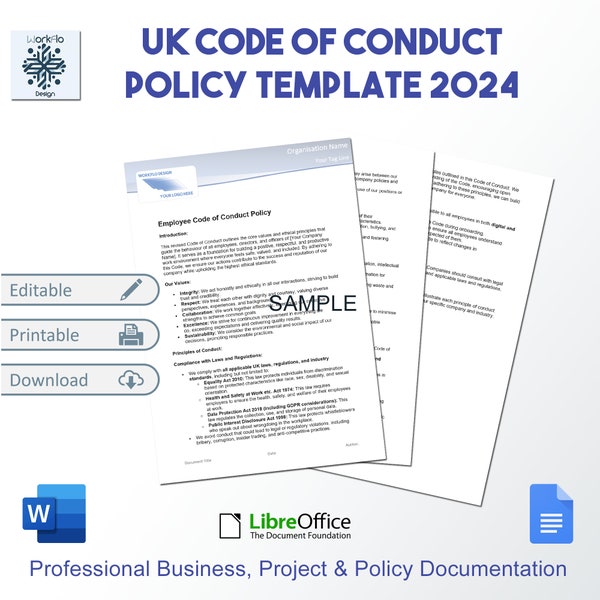 UK Mitarbeiter Verhaltenskodex Richtlinie 2024 Ducument Vorlage Arbeitsrecht Digitaler Download Bearbeitbar in MS Word Google Docs und Libre Office