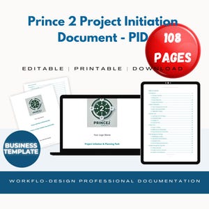 Op de afbeelding: Een digitale producttemplate voor een Prince2 Project Initiation Document (PID). De template is bewerkbaar, printbaar en bevat 108 pagina's. De afbeelding toont een laptopscherm waarop de template wordt weergegeven, samen met een bedrijfstemplate-logo en de tekst "WORKFLO-DESIGN PROFESSIONAL DOCUMENTATION".