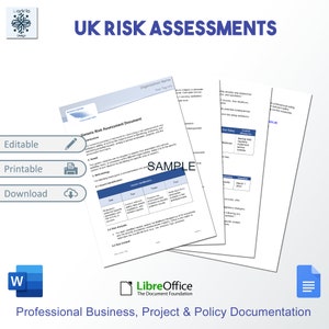 May include: A document titled "UK Risk Assessments" with the text "Editable", "Printable", and "Download". The document is a "Generic Risk Assessment Document" with a "SAMPLE" watermark. The image also includes the LibreOffice logo.