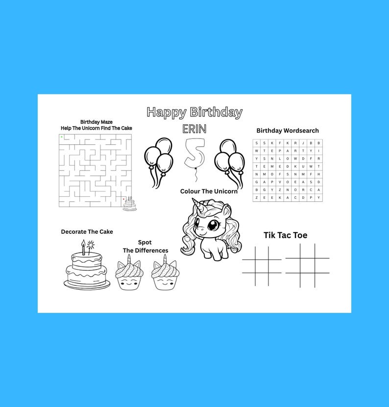 Editable Birthday Activity Placemat for Kids – Printable Party Game Mat ...