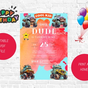 Dude Birthday Invite: Monster Truck Theme (Digital Invite)